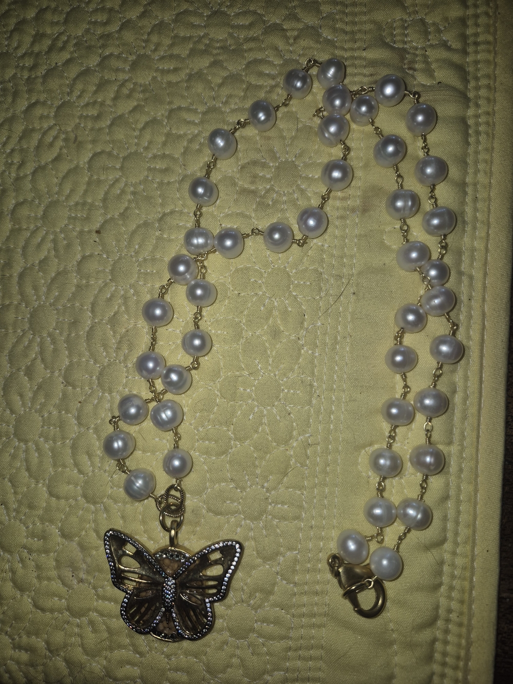 Gold Butterfly Pendant Pearl Necklace - White Pearls